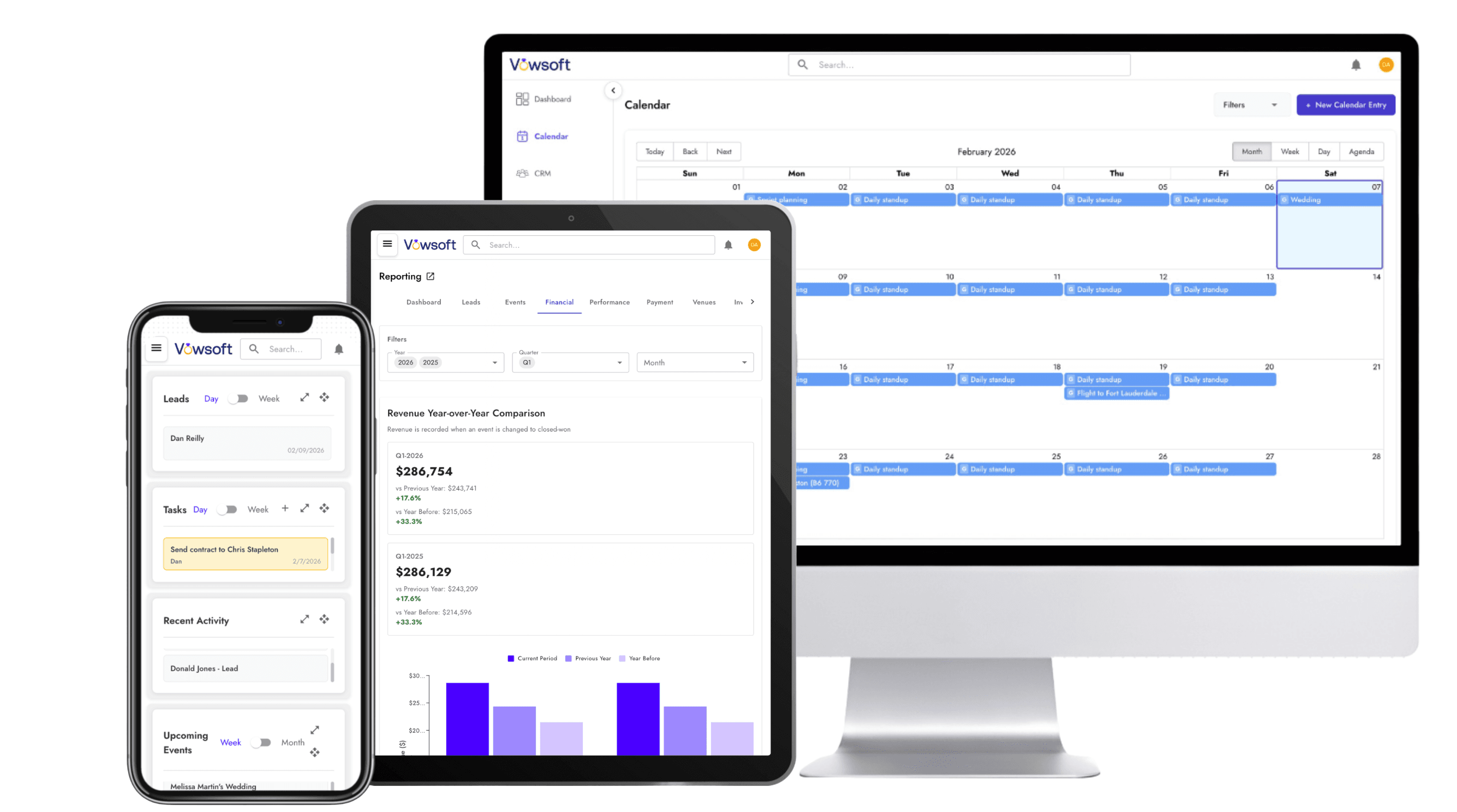 Vowsoft calendar, reporting, and dashboard views on desktop, tablet, and mobile